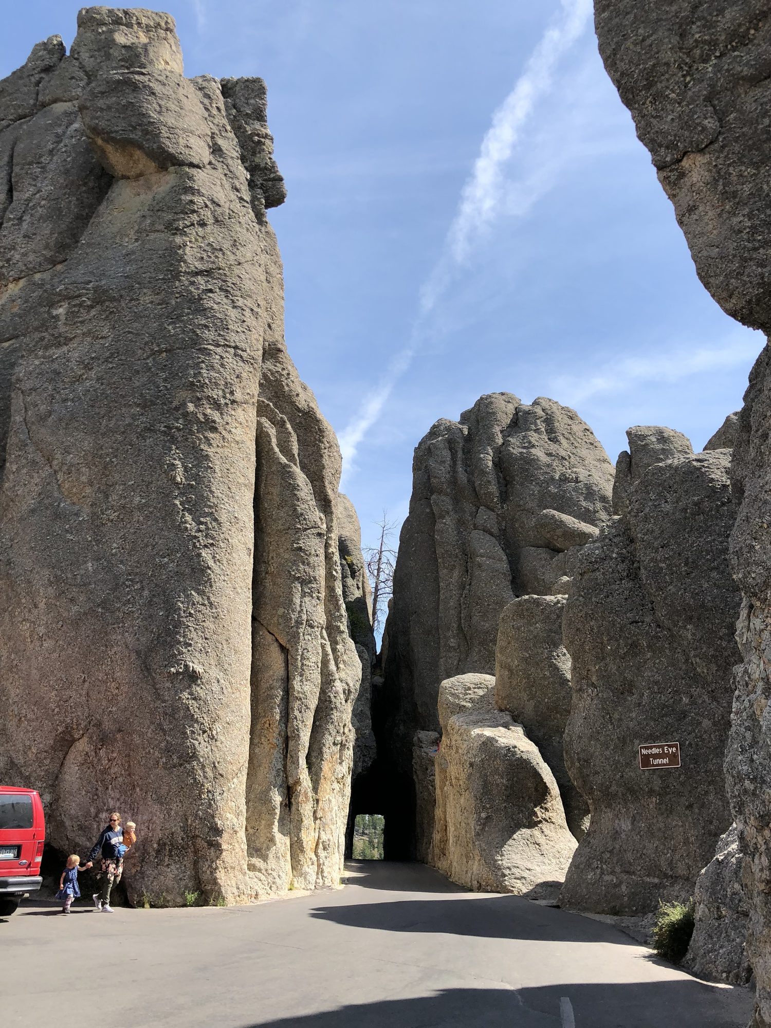 The Needles Eye on the bonus day, granite spires and a road threading through.