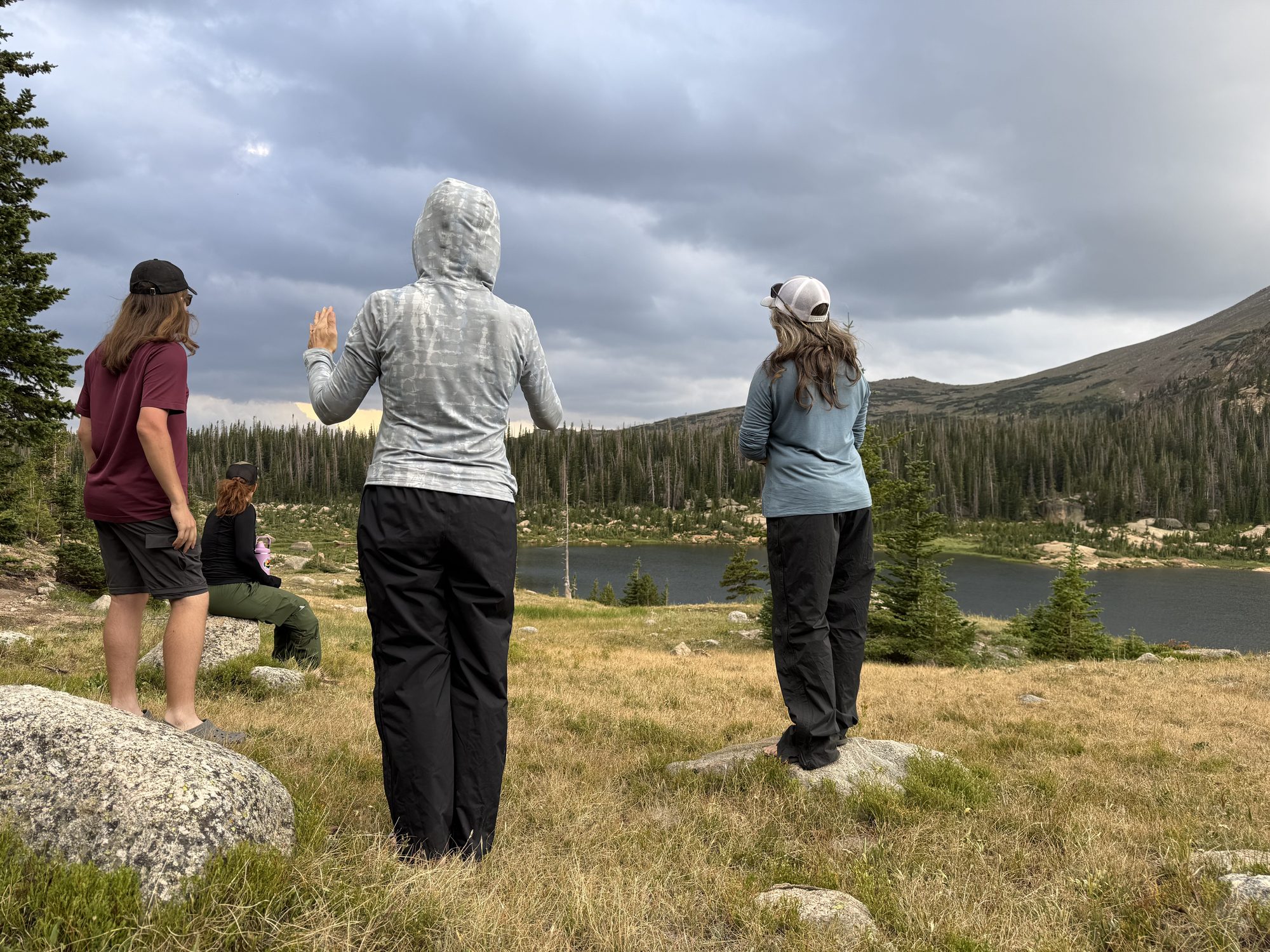 Watching the clouds stack up over Lawn Lake, just before we ran to stow the gear.