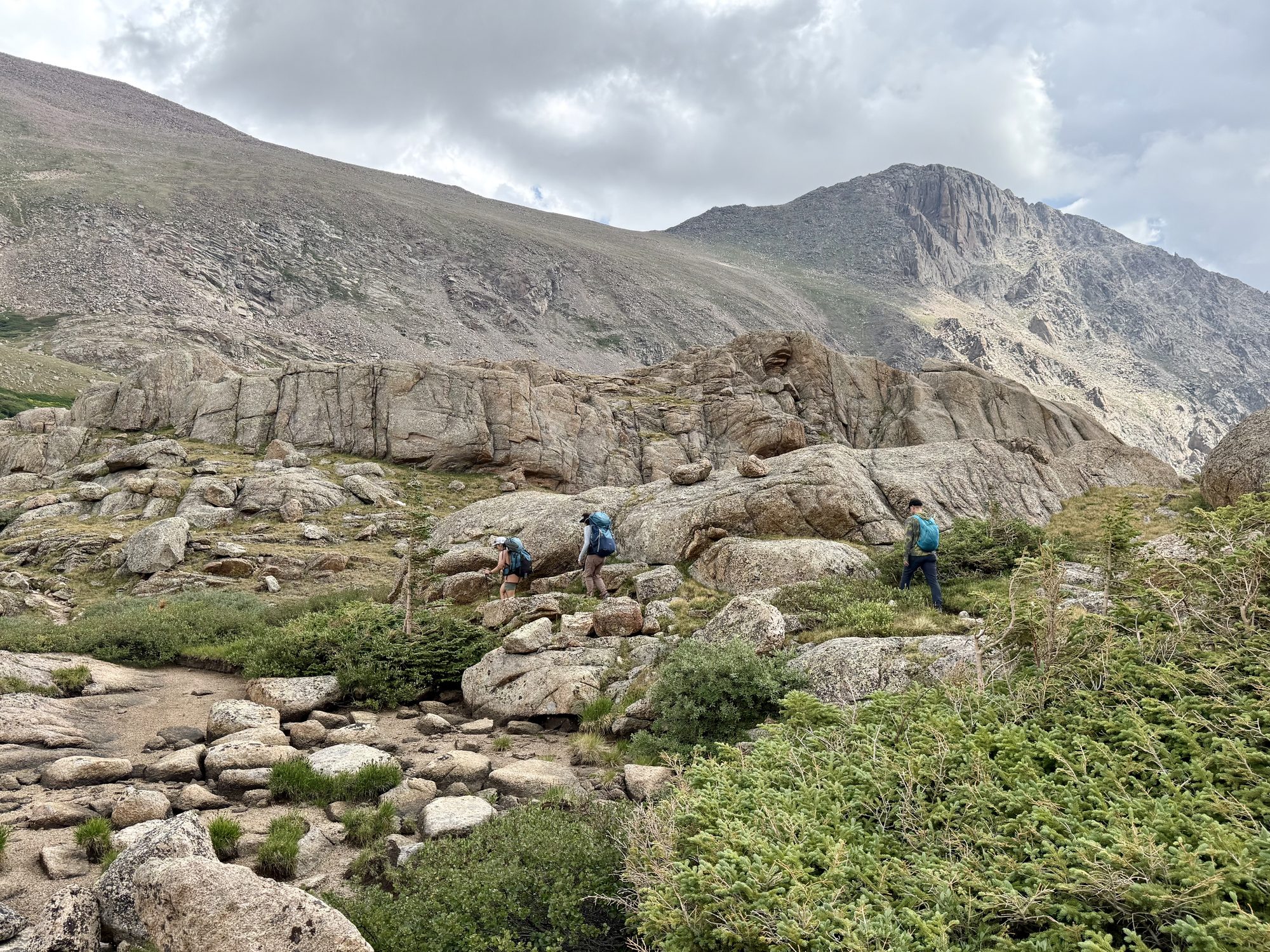 Picking a line through the boulder basin toward Crystal Lake.